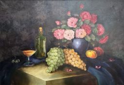 Danish School : Still life with flowers and grapes, oil on canvas, 96cm x 66cm.