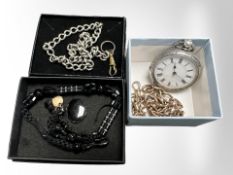 A lady's silver fob watch, a gold-plated Albert chain with T-bar, two further watch chains,
