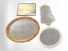 A carved pine oval mirror, assorted pictures and prints, un-framed still life of flowers,