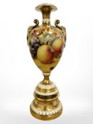 A Royal Worcester pedestal vase, hand-painted with panels of fruit by P English, black mark to base,