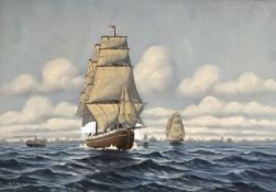 Danish School : Boats on a river, oil on canvas, 64cm x 44cm.