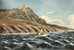 Continental School : Fishing boats by a rocky cove, oil on canvas, 135cm x 95cm.