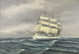 A Werner : A tall ship in rough seas, oil on canvas, 64cm x 44cm.