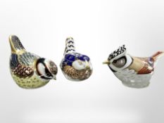 A Royal Crown Derby crested tit porcelain paperweight with gold stopper,