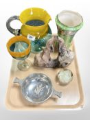 A silver plated quaiche, Maling lustre vase, hand blown glass jug,