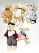 Five various teddy bears including two Charlie bears with bell collars,