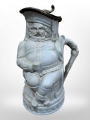 A Victorian blue earthenware Toby jug modelled as Falstaff, with pewter lid, height 22cm.
