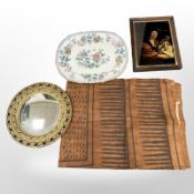 A Victorian reverse painting on glass of Saint John, a reproduction gilt convex mirror,