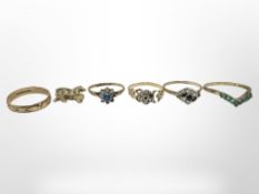 Five yellow gold dress rings, some set with semi precious stones,