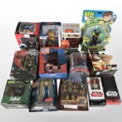 13 Hasbro, Funko and other figurines and toys including Ben 10, Fallout, Star Wars, DC, etc., boxed.