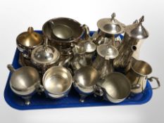A collection of silver-plated tea wares, salver, serving tray, Scottish pewter quaiches,