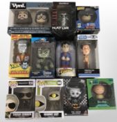 11 Funko and other figurines including Harry Potter, Star Wars, DC, Rick and Morty, etc., boxed.