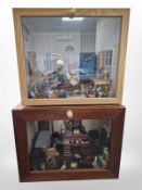 Two doll's house dioramas containing furniture and decorations,