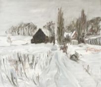 Danish school : Buildings in snow, oil on board, 57cm x 49cm.