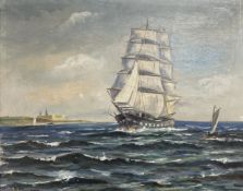 Continental School : A tall ship in a river estuary, oil on canvas, 58cm x 46cm.