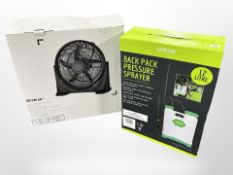 A boxed back pack pressure sprayer and a 50cm air circulator