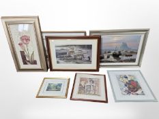 A group of pictures and prints including Ivan Lindsay print of boats at low tide,