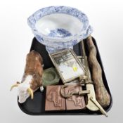 A Rhine blue and white transfer-printed twin-handled bowl, onyx ash tray, ceramic figure of a bull,