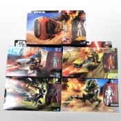 Five Hasbro Disney Star Wars figurines including Imperial Speeder, Assault Walker, etc., boxed.