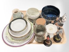 A group of porcelain plates and ceramics, Goebel figure of a cat, Scottish Buchan ceramics,