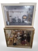 Two doll's house dioramas containing furniture and decorations,