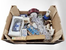 A group of Ringtons blue and white ceramics, quartz mantel clock, collector's spoons,