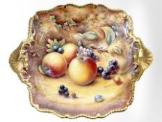 A Royal Worcester Tudor Tray, hand-painted with panels of fruit by P English, black mark to base,