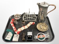 A group of silver plated wares, pewter seven bar toast rack, pairs of earrings, costume jewellery,
