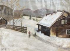 Danish school : Figures by a snow-covered barn, oil on canvas, 59cm x 44cm.