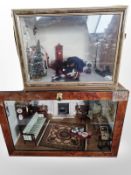 Two doll's house dioramas containing furniture and decorations,