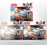 Three Hasbro Disney Star Wars Resistance A-Wing Fighter models, boxed.