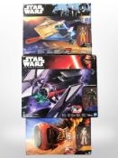 Three Hasbro Disney Star Wars figurines, Rey's Speeder (Jakku), Hera Syndulla's A-Wing, Tie Fighter,