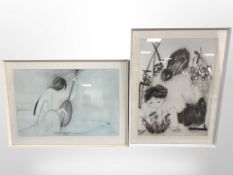A colour lithograph after Ha Van Vuong, together with one other, overall 97cm x 70cm.