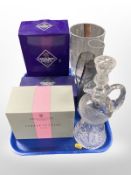 An Edinburgh Crystal decanter etched with thistles, boxed Edinburgh Crystal drinking glasses,