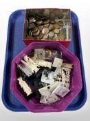 A tin of British pre decimal coins, Ronson lighter, oriental bone carvings,