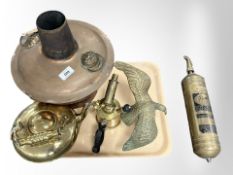 A group of metal wares to include copper on tin Mongolian fire pot, brass blow lamp, kettle,