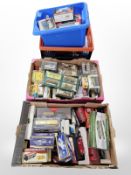 A large quantity of die cast cars and busses, including Oxford, Dinky, Corgi etc (2 boxes of cars,