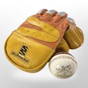 A Surridge cricket glove and cricket ball, both bearing indistinct signatures.