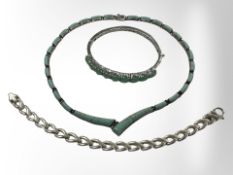 A silver and jadeite bangle, a further bracelet, and a continental silver necklace stamped '950'.