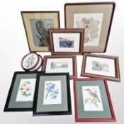 A needlework tray, together with assorted pictures and prints, ornithological prints, etc.