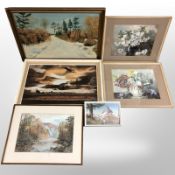 Six assorted pictures including watercolour still life of flowers in a vase, signed E Winter,