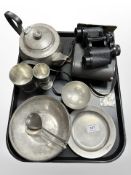 A group of pewter wares, silver three pence piece,