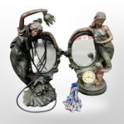 A mirrored maiden table lamp, together with similar mirrored clock figure.