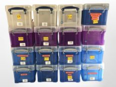 16 plastic lidded storage boxes, width 23cm.