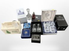 A group of mostly boxed glass ware including Stuart crystal decanter, Dartington candle lamp,