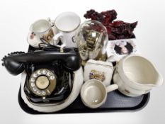 A German clock under glass dome, resin figure of galloping horses, royal commemorative porcelain,