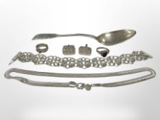 A Georgian silver spoon, two dress rings, a herringbone-link necklace, a bracelet,