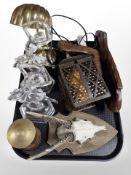 A pair of roe deer antlers on shield, pair of crystal figures of ballet dancers, brass desk lamp,