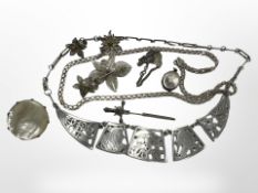 A collection of silver jewellery including niello, mother of pearl etc.