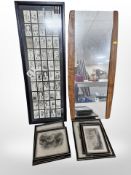 A 1970s teak-framed mirror, width 80cm, a framed montage of Newcastle United football player cards,